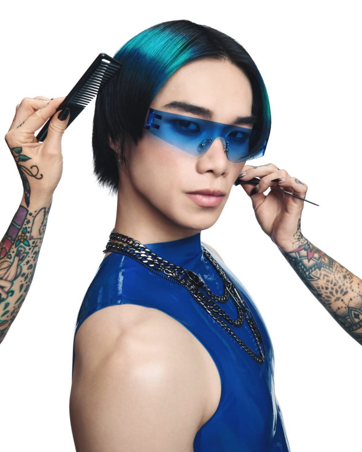 Pulp Riot Pixel Boy campaign with blue hair color and styling by Kayla Casey